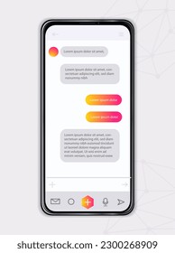 Chatting phone display. Communication and interaction on Internet, social networks and instant messengers. Interface for mobile programs and applications. Realistic 3D vector illustration