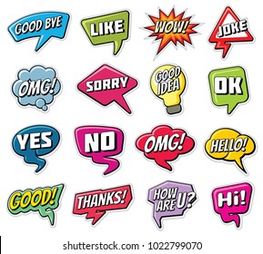 Chatting phrases. Funny comic words in speech clouds vector set. Illustration speech cloud expression with word chat