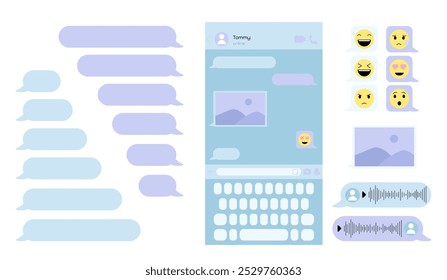 Chatting screen in mobile. Pack of UI and UX elements for social networks and mobile application. Pack of emoji and emoticons. Flat vector illustration isolated on white background