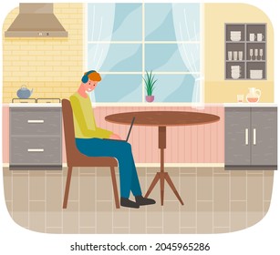 Chatting, sending messages, surfing Internet. Man sitting at workplace is using laptop to chat. Social networking, online communication. Guy spends time at laptop with social media, meeting website