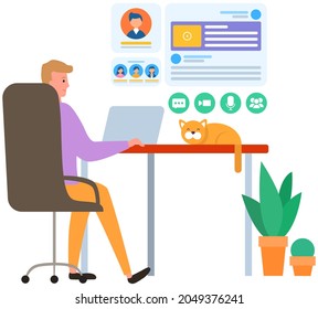 Chatting, sending messages, surfing Internet. Man sitting at workplace is using laptop to chat. Social networking, online communication. Guy spends time at laptop with social media, meeting website