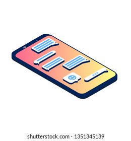 Chatting in smart[hone. Online messages. Mail in device. Isometric flat 3d illustration on a white background