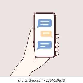 Chatear en un smartphone. Enviar o recibir sms en el App. Mensaje de burbuja de voz en el teléfono. Ilustraciones de diseño de Vector de estilo dibujado a mano.