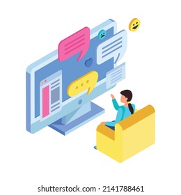 Chatting in social media isometric icon with human character and online communication symbols on computer vector illustration
