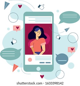 Chatting in social network illustration. Personal social media account with tags, likes, followers, messeges. Blogger and influencer page infografic.