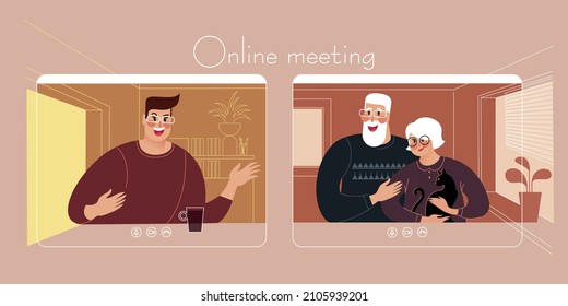 Chatting the son with elderly parents via tablets mobile video chat application under in Self-isolation quarantine conditions. Vector illustration for landing page mockup or flat design advert.