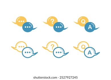 Conjunto de ícones de balão de conversação. Pergunta e resposta. Comunicação, ideia, mensagem, conversa, problema, conceitos de solução. Ilustração isolada de design de vetor plano.