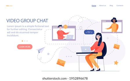 Chatting up with team, colleagues, friends online via conference. Remote project management technology. Collective virtual meeting. Flat abstract metaphor cartoon vector illustration concept design.