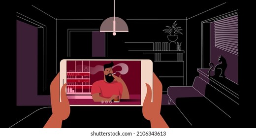 Chatting via the Internet messenger with friend in quarantine conditions. Vector illustration for landing page mockup or flat design advertising banner.