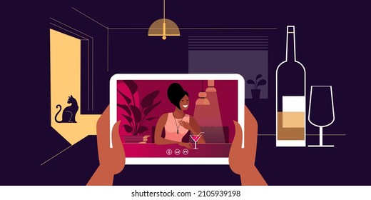 Chatting via the Internet messenger with girlfriend in quarantine conditions. Vector illustration for landing page mockup or flat design advertising banner.