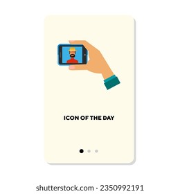 Chatting via mobile device on white background. Hand holding mobile phone cartoon illustration. Communication and technology concept. Vector illustration symbol elements for web design and apps