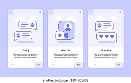 Chatting video call sticker chat onboarding screen for mobile apps template banner page UI with three variations modern flat outline style