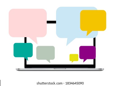 Chatting Window Social Media Bubbles on Laptop, Remote Working, People Connecting Work from Home and Work from Anywhere. Concept, Simple, Flat Vector Illustration.