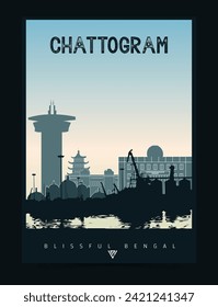 Chattogram City poster illustration. Around the world, cityscape and skyline vintage poster art of Chattogram city with seaport.