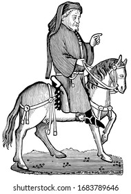 Chaucer from Chaucer's Canterbury Tales, this picture shows Chaucer riding on horse and pointing something by left hand, vintage line drawing or engraving illustration