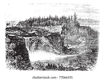 Chaudiere river Falls,in Quebec, Canada vintage engraving, during the 1890s. Old engraved illustration of the Kettle Falls. Trousset Encyclopedia