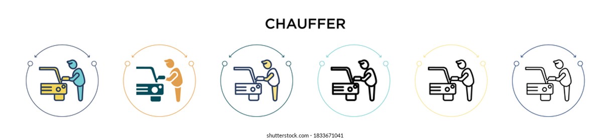Chauffer icon in filled, thin line, outline and stroke style. Vector illustration of two colored and black chauffer vector icons designs can be used for mobile, ui, web
