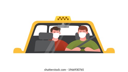 Chauffeur and client in taxi. Taxi driver in mask. Virus protection in taxi service. Illustration taxi driver in mask traffic vehicle