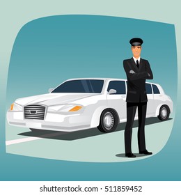 Chauffeur, driver of luxury car, such as limousine or lincoln, standing, dressed in black suit or tuxedo, dress shirt, tie, black leather gloves and hat. Vector illustration