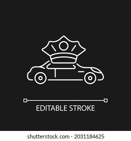 Chauffeur hire white linear icon for dark theme. Personal driver. Driving passenger vehicle. Thin line customizable illustration. Isolated vector contour symbol for night mode. Editable stroke