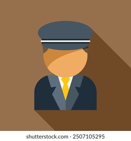 Chauffeur in uniform with hat and tie standing icon in flat style on a brown background