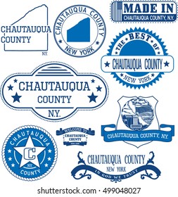 Chautauqua county, New York. Set of generic stamps and signs including Chautauqua county map and seal elements.