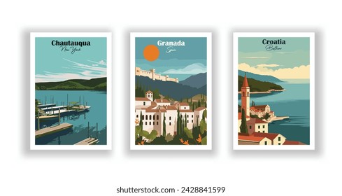 Chautauqua, New York. Croatia, Balkans. Granada, Spain - Vintage travel poster. Vector illustration. High quality prints svg