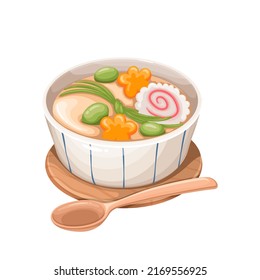 Chawanmushi, Japanese cuisine vector illustration. Cartoon steamed food from savoury egg custard dish with ginkgo seeds, isolated tea bowl on plate with spoon, meal from Japan restaurant menu