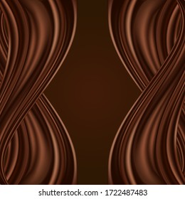 Kokoladenhintergrund mit wirbelnden Wellen, dunkelbraunem Farbfluss, gewelltem Twist-Satin oder Seidenvorhang. Vektorgrafik, abstraktes Design.