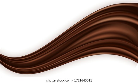 Chcocolate wave isolated, smooth satin swirl on white background. Milk chocolate color flow. Vector illustration