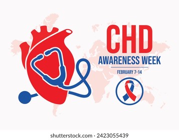 CHD Congenital Heart Disease Awareness Week poster vector illustration. Red heart organ with stethoscope symbol. Red blue awareness ribbon icon. Every year February 7-14. Important day