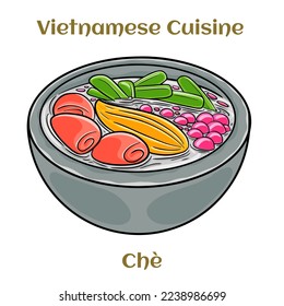 Che, vietnamese cold sweet dessert soup.  Isolated vector illustration. 