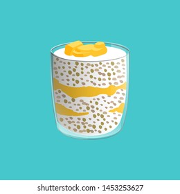 Chea seed pudding. Healthy vegan snack in glass with mango slices. Vector illstration isolated on blue background.