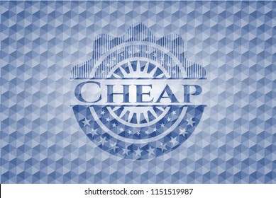 Cheap blue emblem with geometric pattern background.