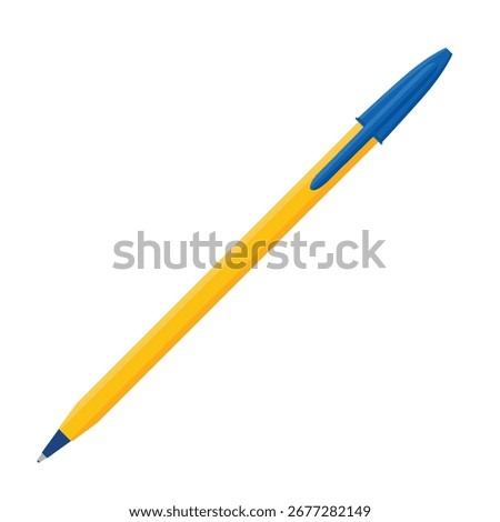 Cheap blue plastic ballpoint pen realistic, isolated on white background. Vector illustration