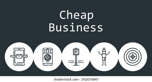 cheap business background concept with cheap business icons. Icons related parking, smartphone, money, man, target