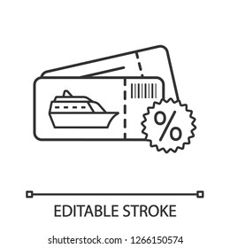 Cheap cruise deal linear icon. Cruise discount. Thin line illustration. Shore excursions, tours gift certificate. Last minute travel. Contour symbol. Vector isolated outline drawing. Editable stroke