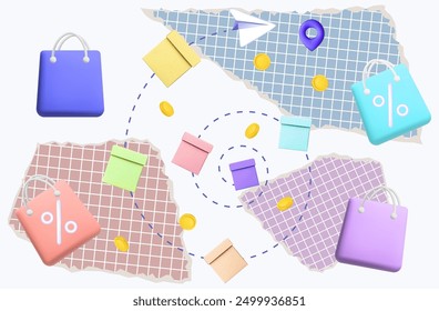 Cheap delivery, gift box packaging. Shipping, ecommerce. Order goods, payment, marked location. Delivery of service to the address, profitable bonuses, gift. Online sale, shopping, golden coins. 