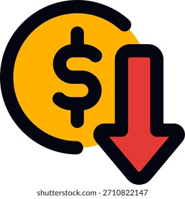 Projeto vetor de dólar barato em estilo moderno, flutuação de moeda e conceito de valor econômico, ilustração financeira. Ícone Linha Preenchida