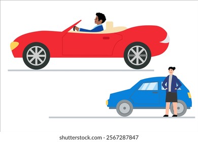 Cheap and expensive car, income comparison. A woman with a cheap car, a dark-skinned man in an expensive car. Vector simple color flat illustration.