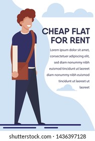 Cheap Flat for Rent Advertisement for Students. Young Smiling Male Teenager Standing with Bag. Banner or Print Poster with Editable Promotion Text. Affordable Real Estate. Vector Illustration