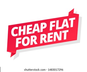 Cheap flat for rent. Word on red ribbon headline. Red tape text title. Real estate property rental. Vector flat color Illustration .