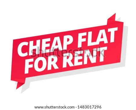 Cheap flat for rent. Word on red ribbon headline. Red tape text title. Real estate property rental. Vector flat color Illustration .