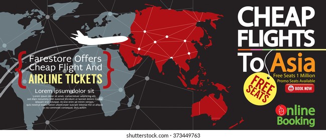 Cheap Flight To Asia 1500x600 Banner Vector Illustration 