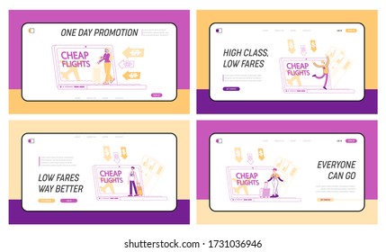 Voos Baratos, Economy Viagens Landing Page Template Set. Turismo, Oferta Especial, Desconto de Companhia Aérea de Baixo Custo. Personagens minúsculos compram bilhetes de avião on-line na Internet. Ilustração do vetor de pessoas lineares