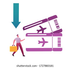 Cheap Flight, Low Cost Airline Offer, Profitable Promotion Concept. Tiny Male Character Tourist with Suitcase Huge Airplane Tickets. Booking Service, Lowcoster Price. Cartoon Vector Illustration