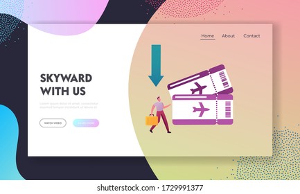 Vuelo Barato, Oferta Aérea De Bajo Costo, Plantilla De Página De Aterrizaje De Promoción. Un pequeño turista con personajes masculinos con una maleta de billetes de avión enorme. Servicio de reservas, Precio de Lowcoster. Ilustración del vector de dibujos animados