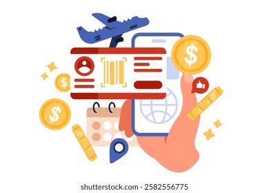 Cheap flight with low cost airline, special travel offer and sale deal for limited budget, economy. Giant hand of tourist holding phone with low price of air plane ticket cartoon vector illustration