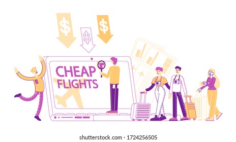 Cheap Flight and Saving Vacation Budget Concept. Male and Female Characters Buying Airplane Tickets Online Save Money for Holidays and Traveling. Tiny People with Luggage. Linear Vector Illustration