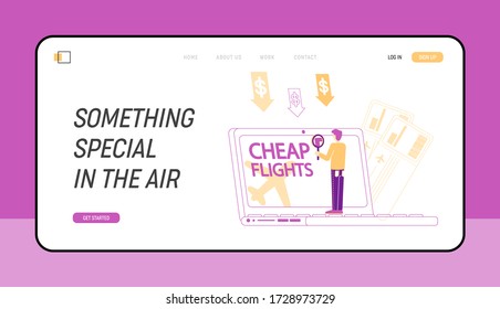 Oferta Especial de Vuelo Barato, Plantilla De Página De Aterrizaje De La Línea Aérea De Bajo Costo. Pequeño personaje masculino que compra billetes de avión en línea en Internet. Economy Travel, Turismo. Ilustración de vectores lineales
